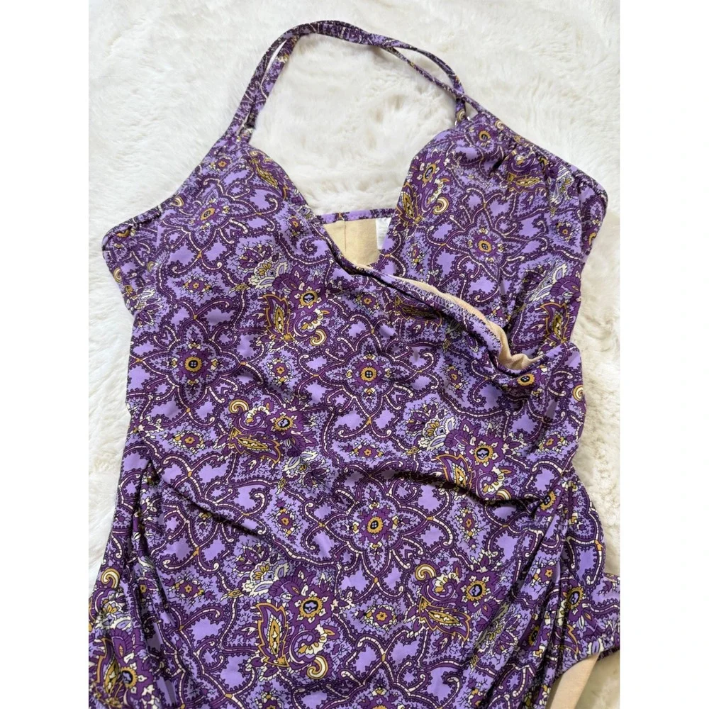 Garnet Hill Swimsuit 10 Purple‎ Paisley Ruched Boho Tropical Resortwear Floral
